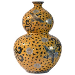 Japanese Large Contemporary Yellow Gilded Imari Ceramic Vase by Master Artist