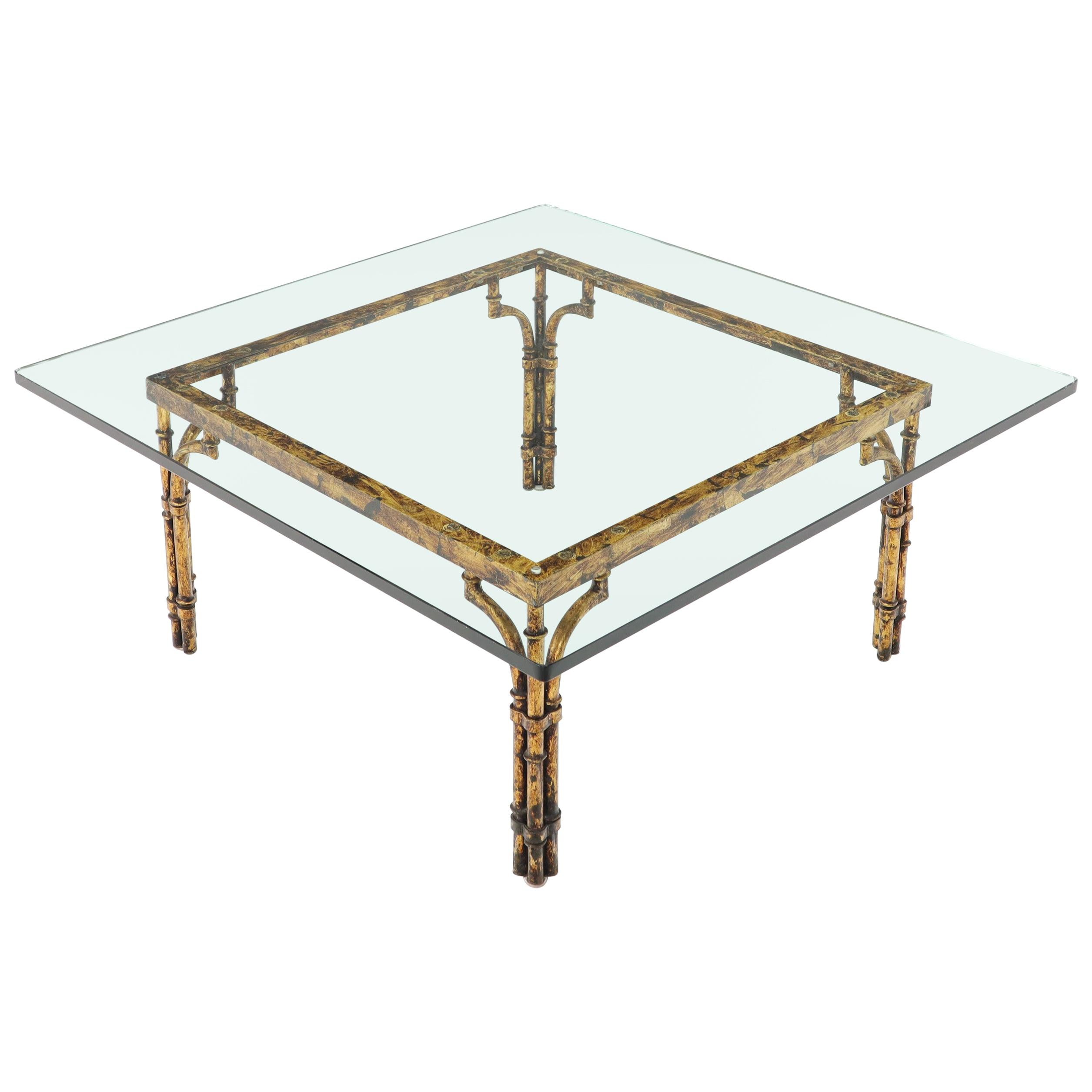 Faux Bamboo Gold Gilt Frame Square Glass Top Coffee Table