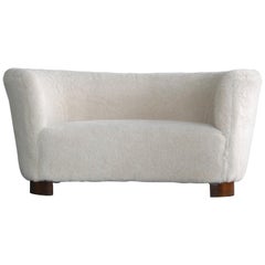 Lambswool Covered Curved Loveseat or Sofa by Slagelse, Denmark, 1940s