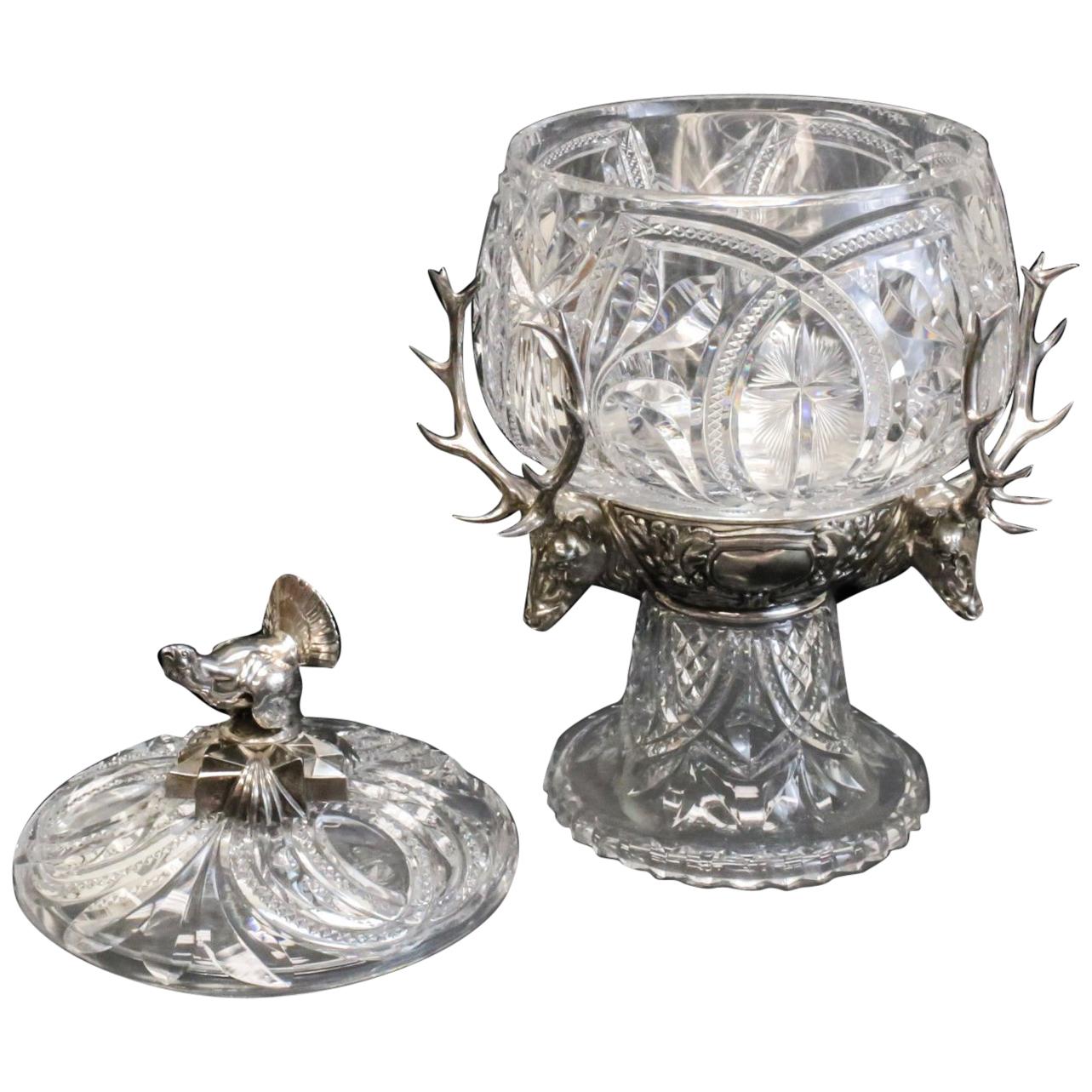 WMF Anamalier Brilliant Cut Glass & Silver Plate Centerpiece Bowl, Stags For Sale