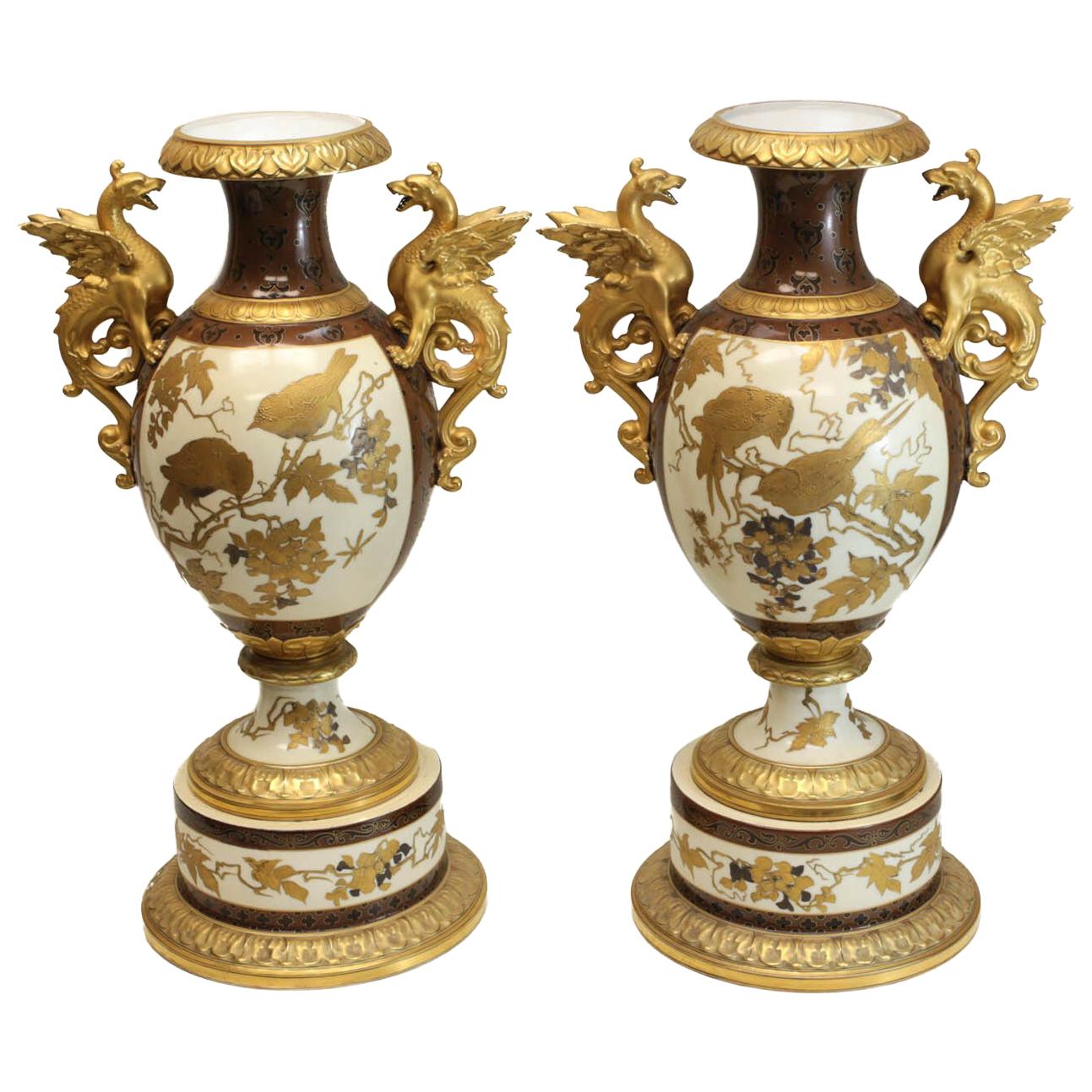 Pair of Pirkenhammer Porcelain Aesthetic Gold Encrusted Dragon Vases, circa 1880 For Sale