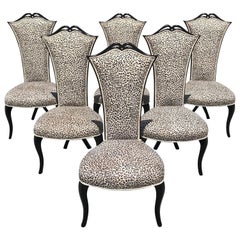 Elegant Set of Six French Mid-Century Modern Ebonized Tall Back Dining Chairs