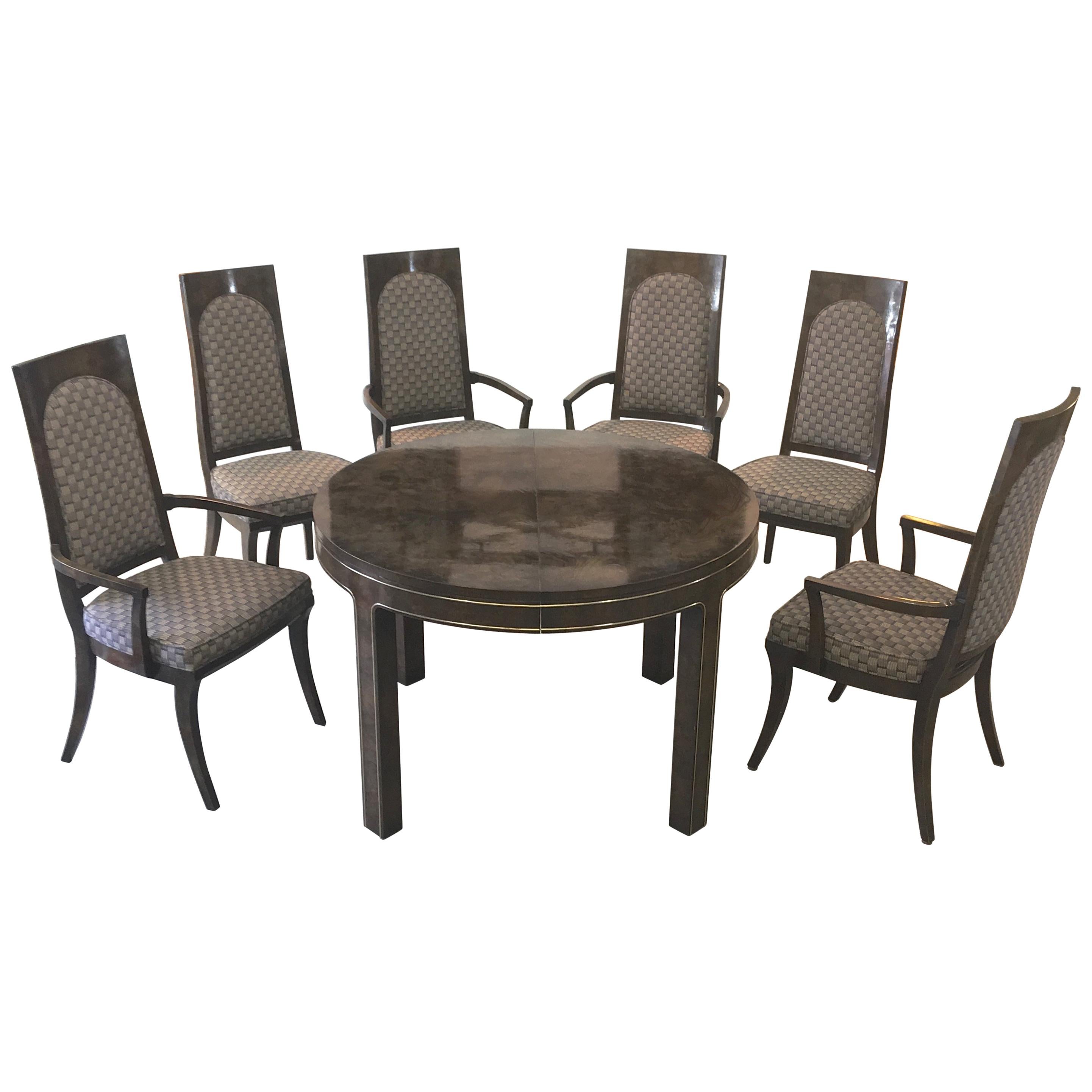 Mastercraft Burl and Brass Extendable Dining Table and Six Chairs  For Sale