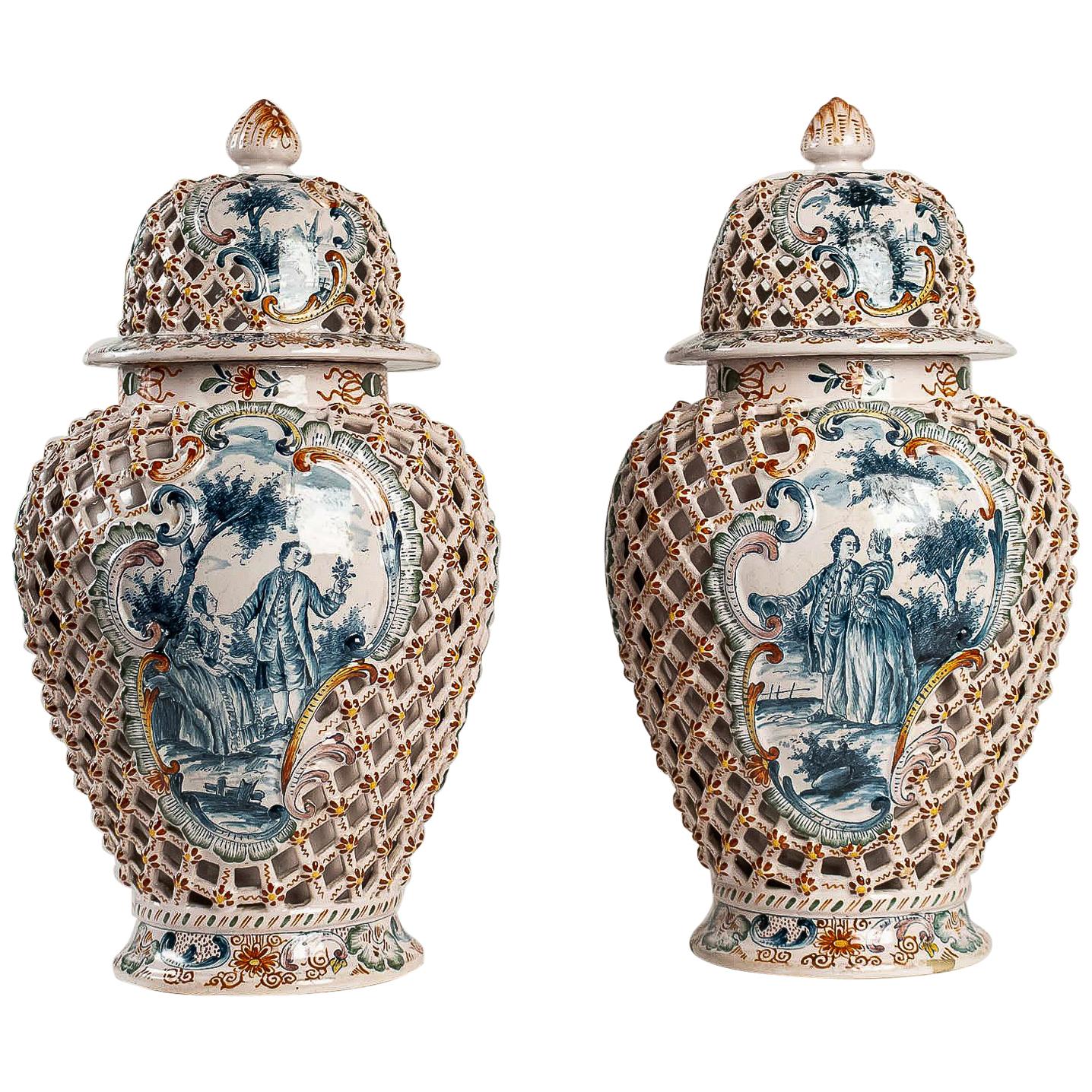 Dutch Early-19th Century Polychrome Delft Faience Pair of Vases, circa 1810-1818