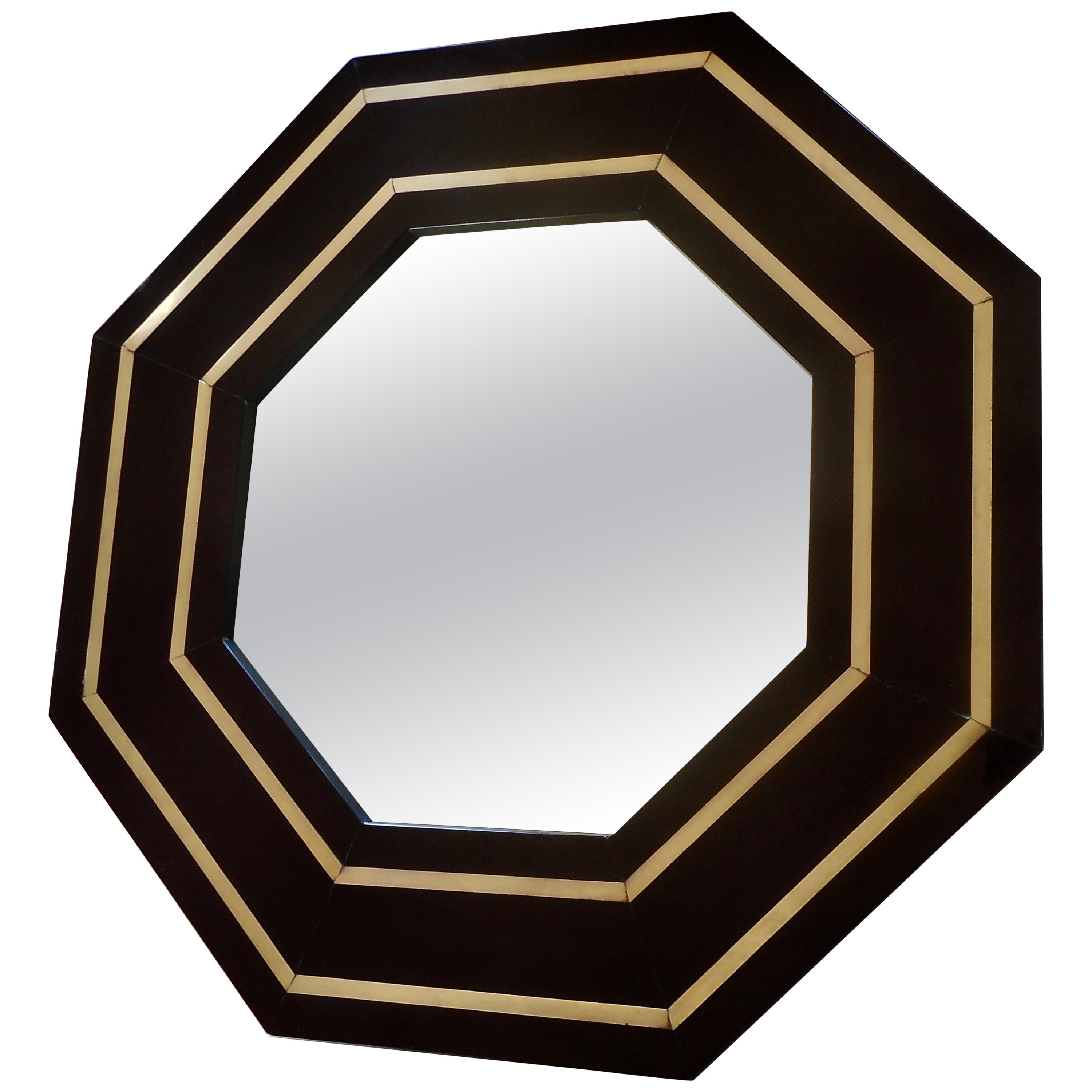 Fine Lacquer Mirror with Brass Accents by Jean Claude Mahey, France, 1975