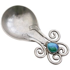 Arts & Craft Cast Silver Caddy Spoon, Enamel Boss Ramsden & Carr, London, 1909