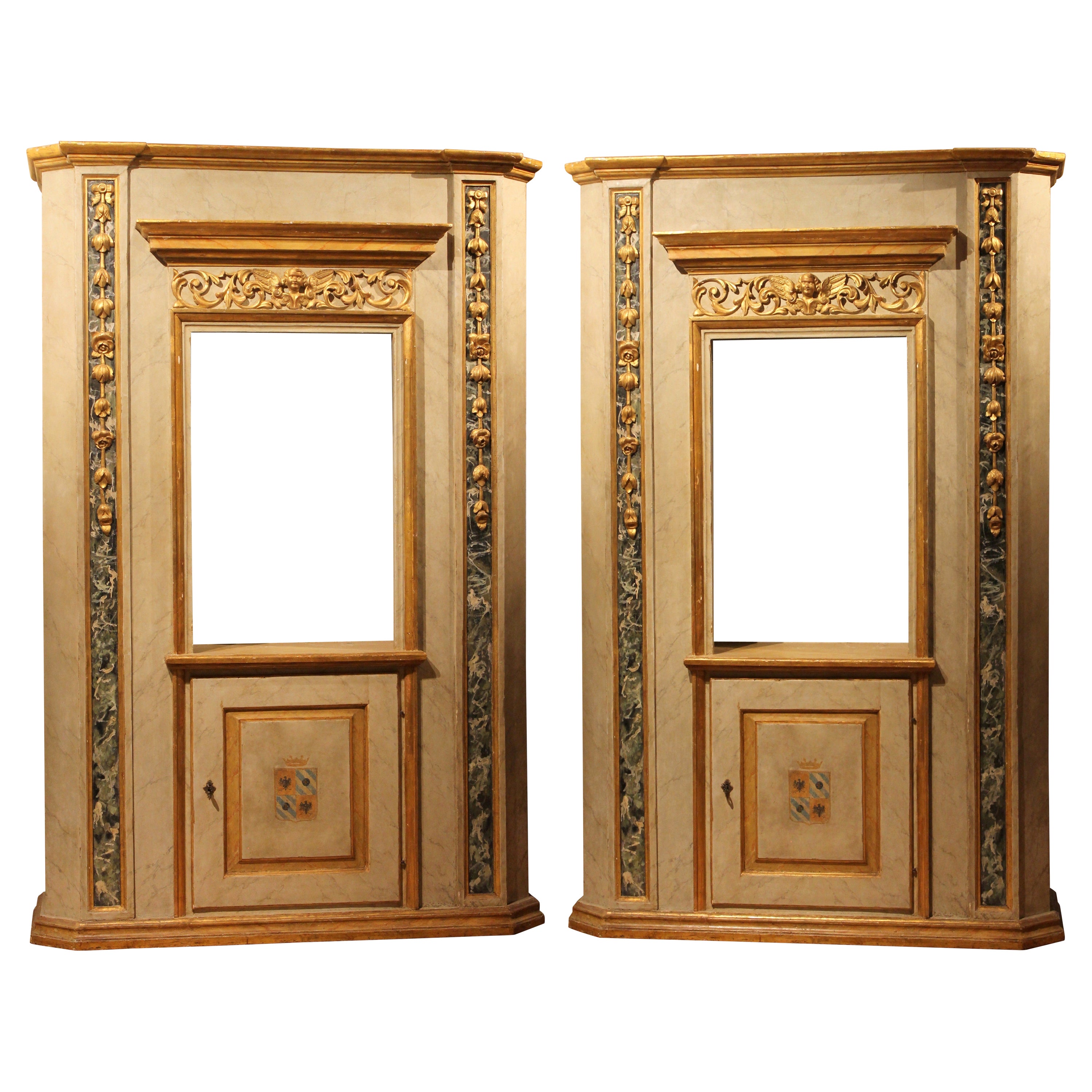 Italian Neoclassical Faux Marble Lacquer and Giltwood Open Shelves Cabinets