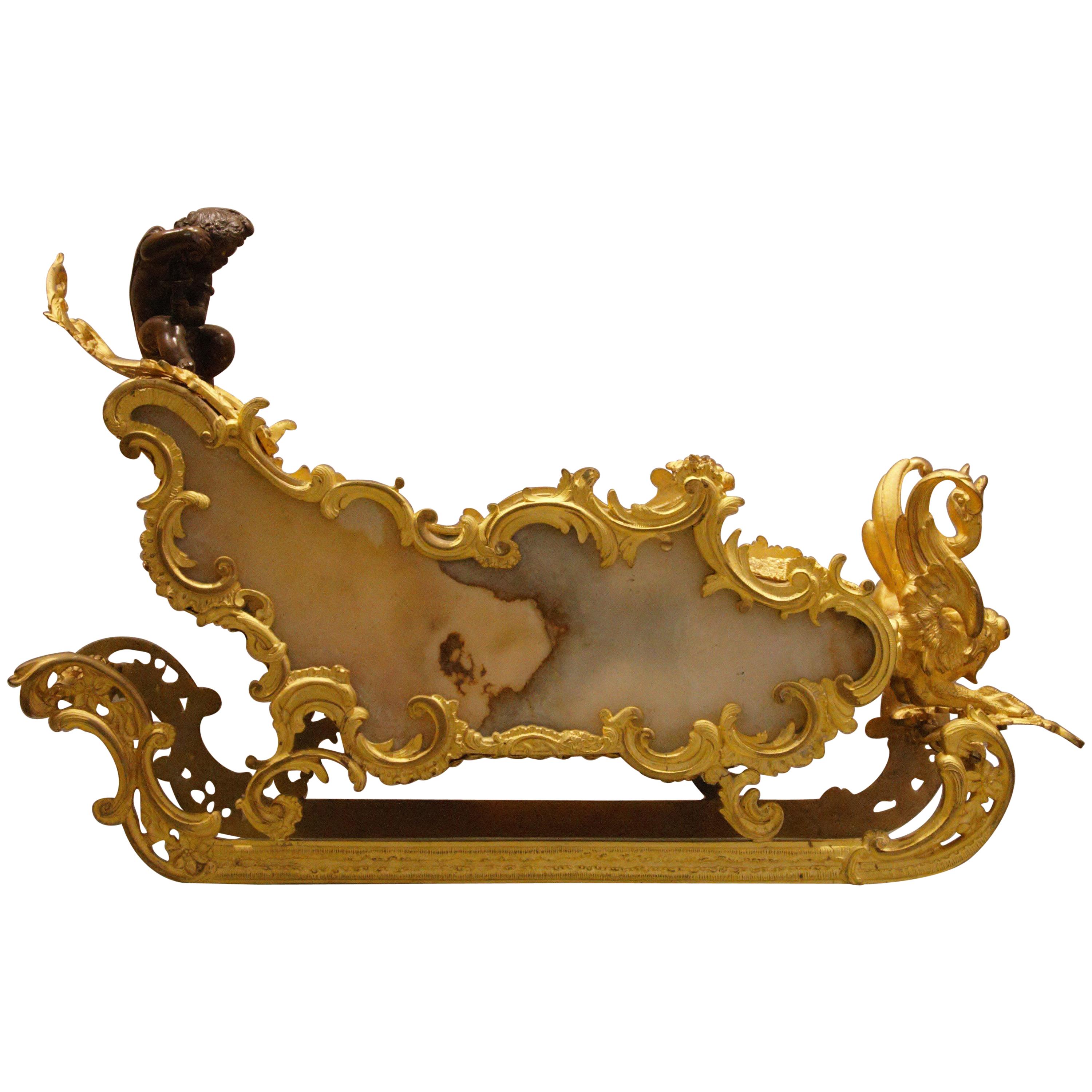 A French Sled Chariot Bronze and Onyx Centerpiece For Sale