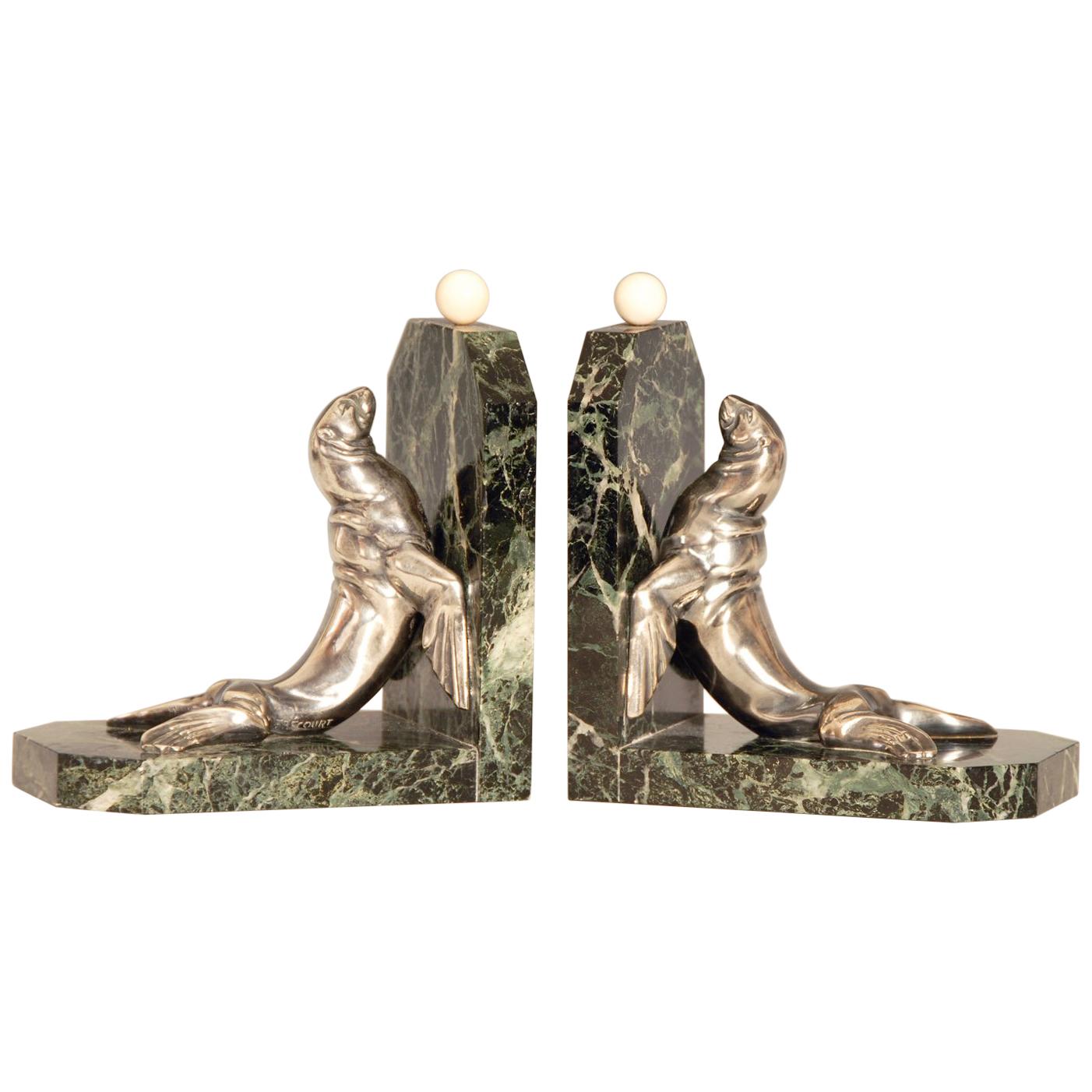 Art Deco Silvered Bronze Sea Lions on Marble Base Bookends by Maurice Frecourt For Sale