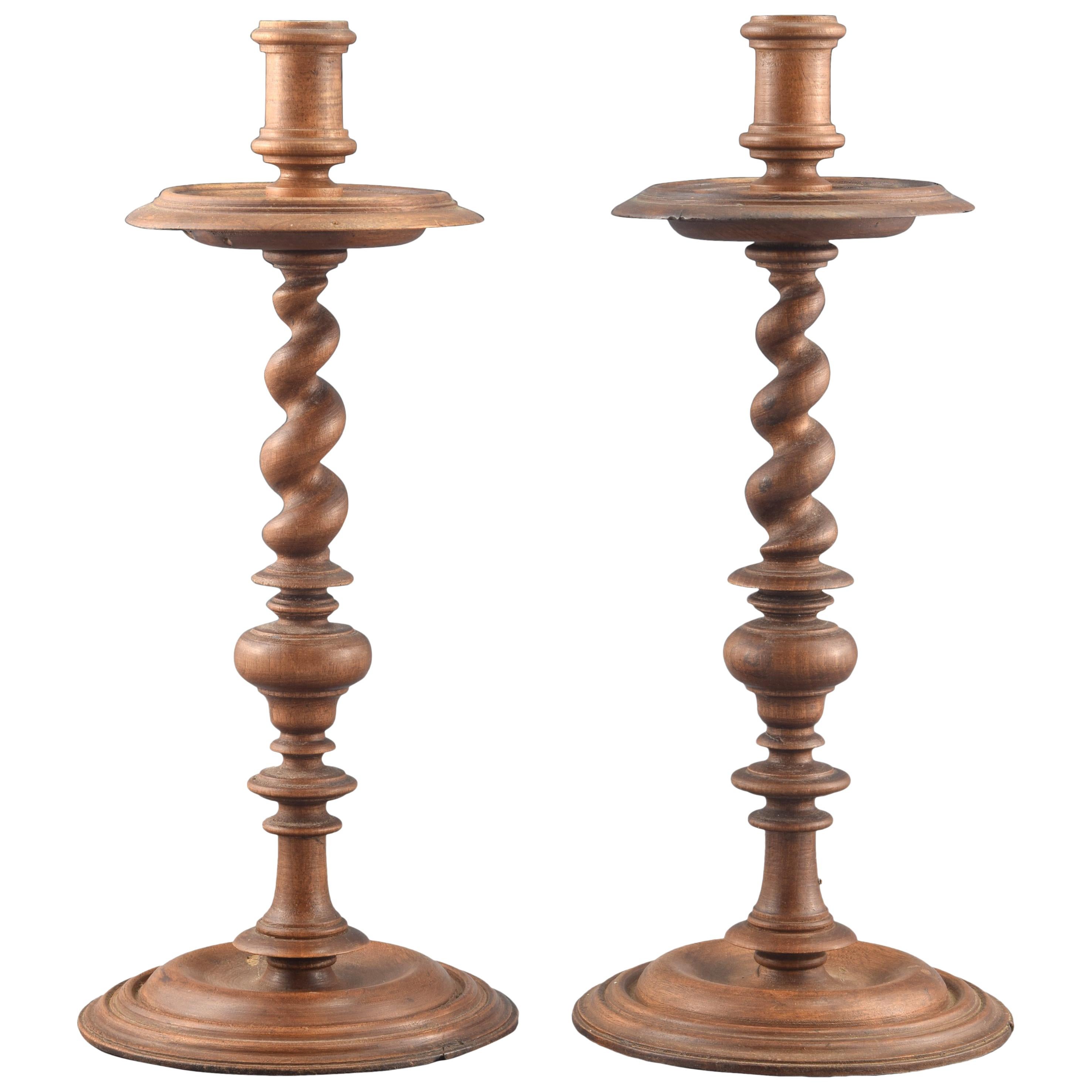 Pair of Candleholders, Turned Wood, 20th Century