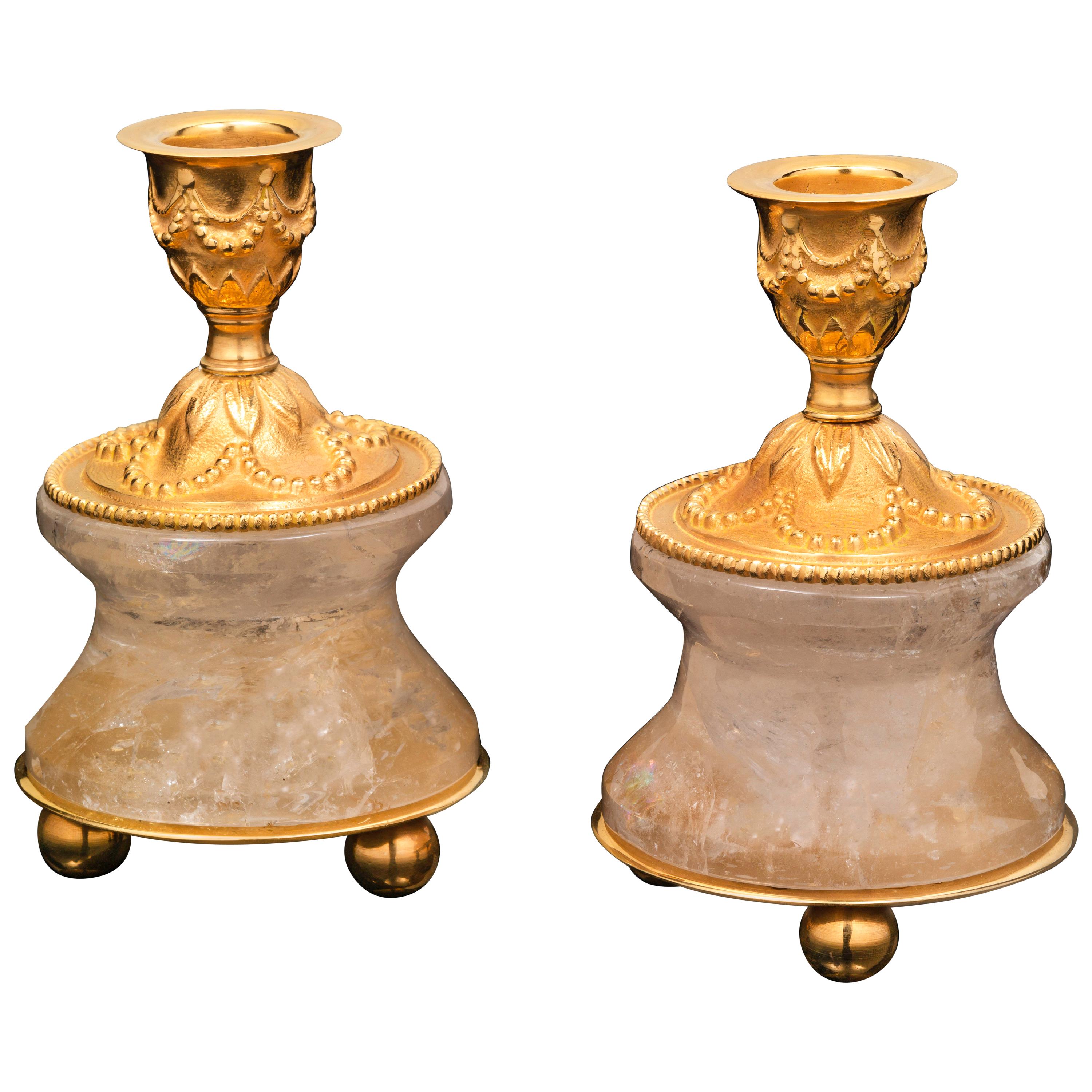 Pair of Rock Crystal and Gilt-Bronze Lamps /Candlesticks Louis XVI Style