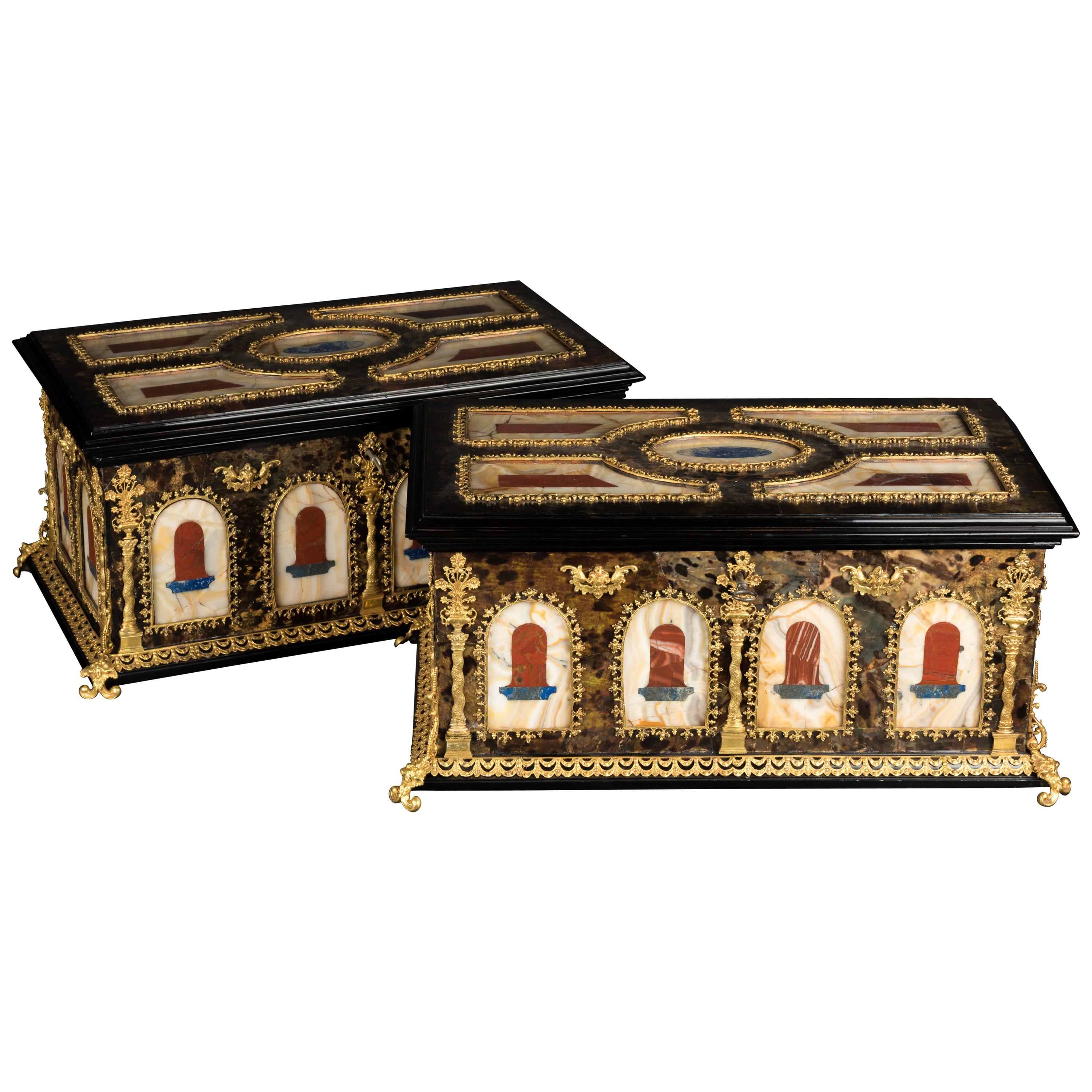 Pair of Italian Boxes in Marble and Bronze Covered in Tortoiseshell For Sale