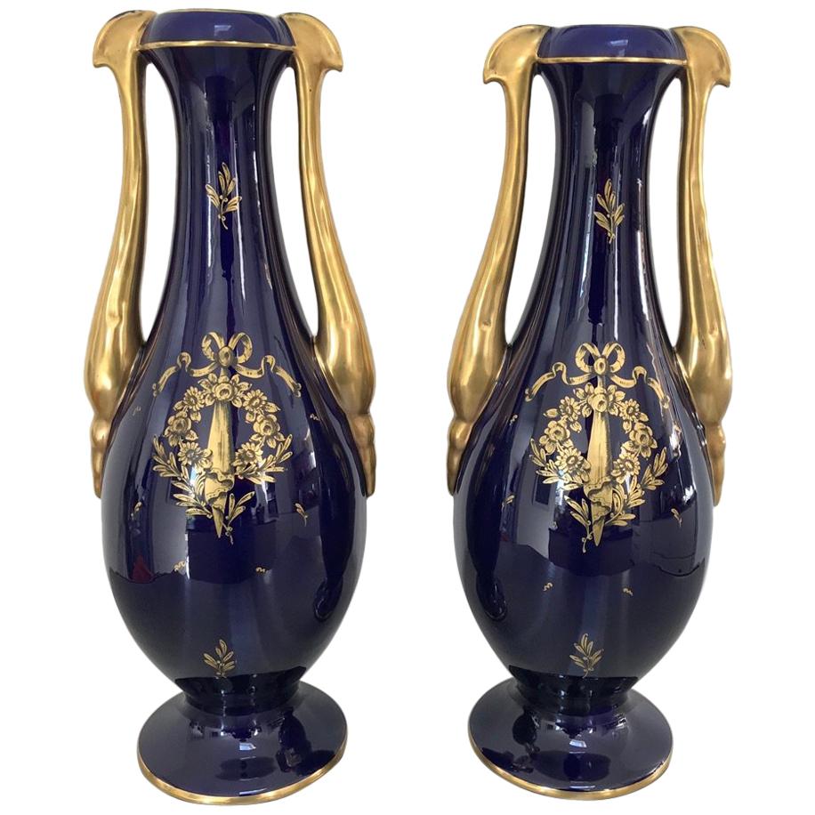 Large Pair of French Cobalt Blue and Gilt Twin Handle Vases by JP