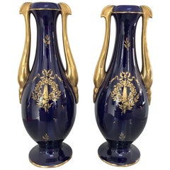 Antique Large Pair of French Cobalt Blue and Gilt Twin Handle Vases by JP