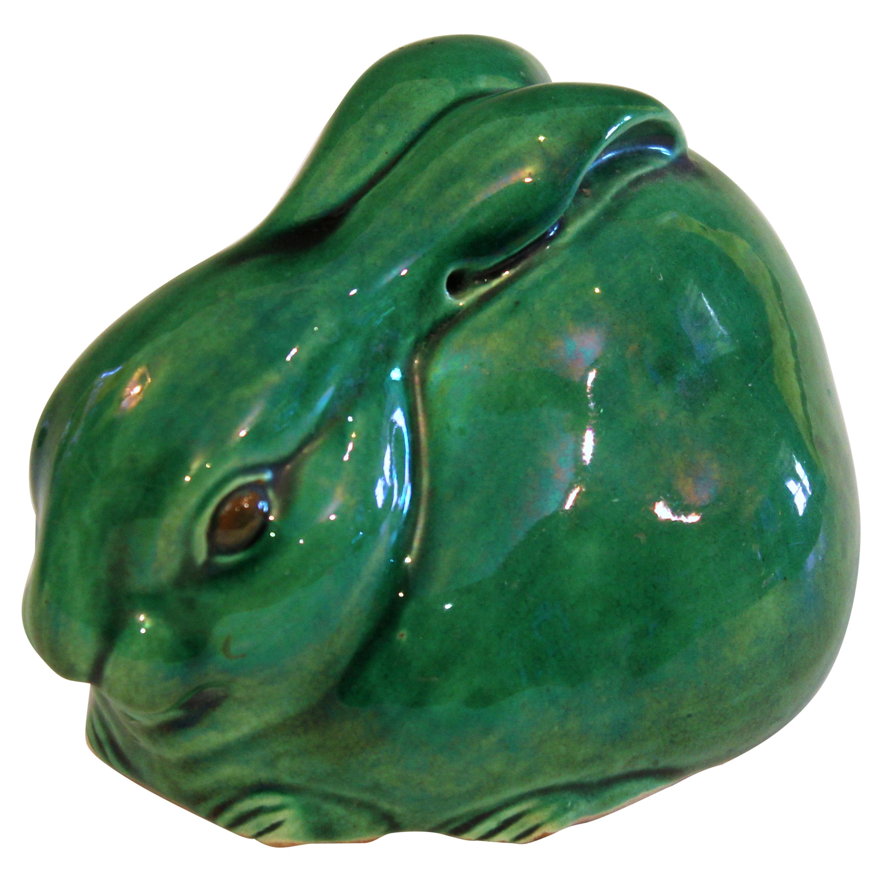 Antique Awaji Pottery Bunny Rabbit Green Crackle Glaze Figure Signed For Sale
