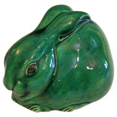Antique Awaji Pottery Bunny Rabbit Green Crackle Glaze Figure Signed