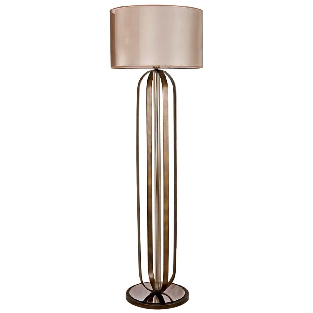 Stehleuchte mit bronziertem Metallrahmen und Linex Pyrex Glasfuß in bronziertem Spiegel im Angebot