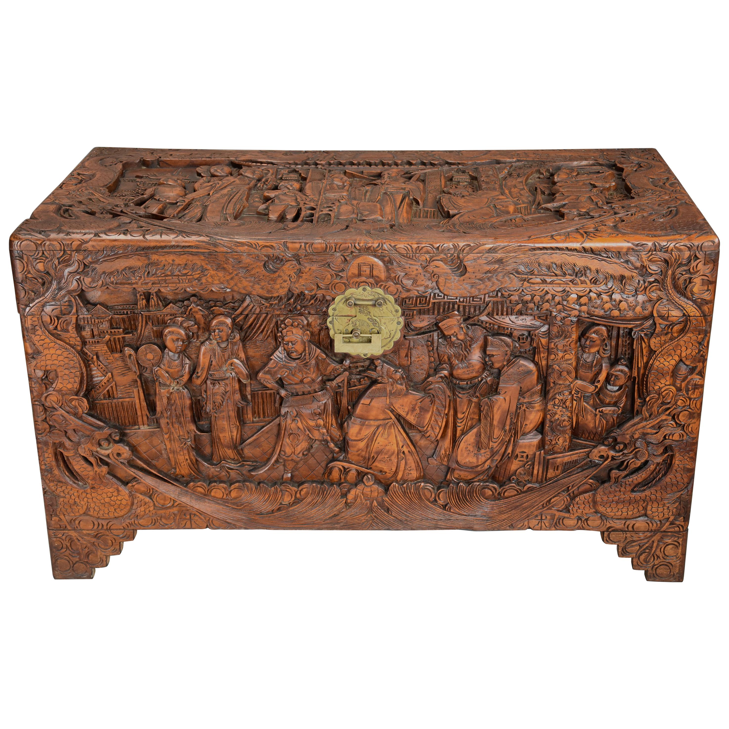 Highly Decorative Profusely and Deep Carved Eastern Camphor Wood Chest