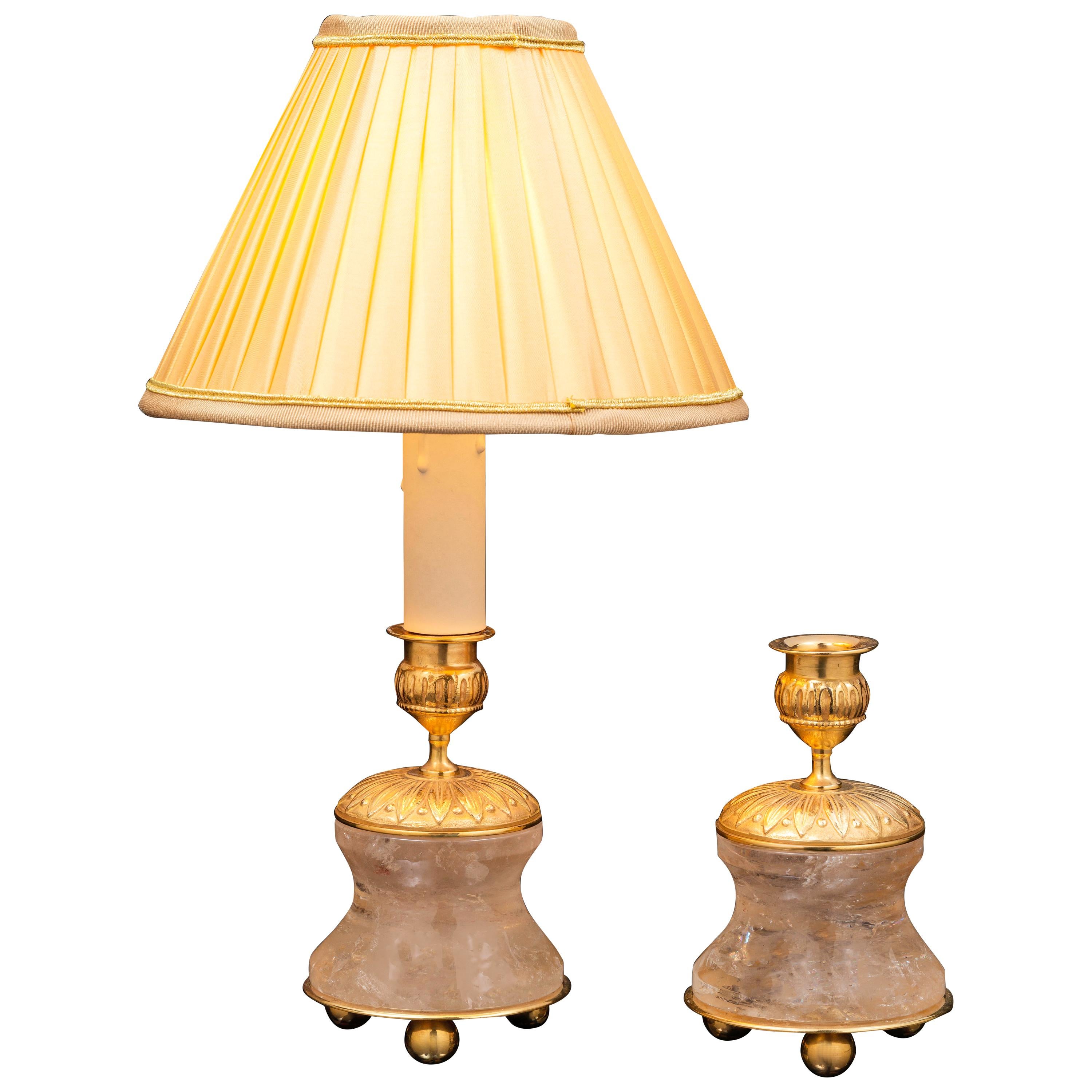 Pair of Rock Crystal and Gilt Bronze Lamps / Candlesticks Louis XVI Style
