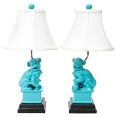 Retro Pair of Turquoise Foo Dog Lamps