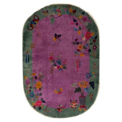 Antique Deco Green and Purple Oval Chinese Rug
