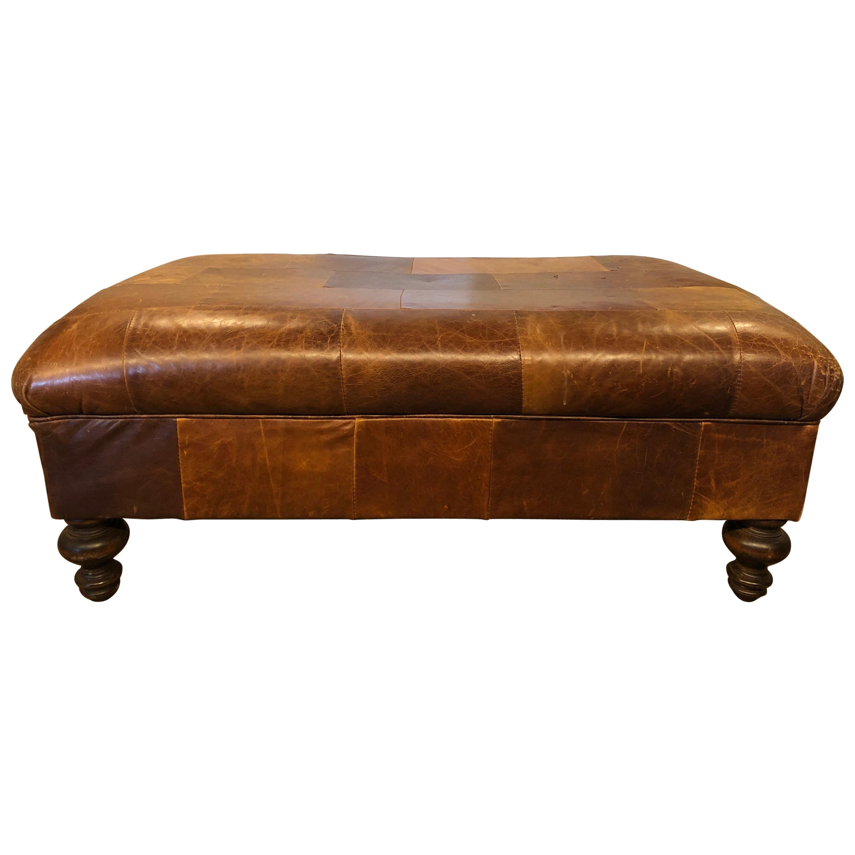 Vintage English Leather Patchwork Ottoman or Bench For Sale