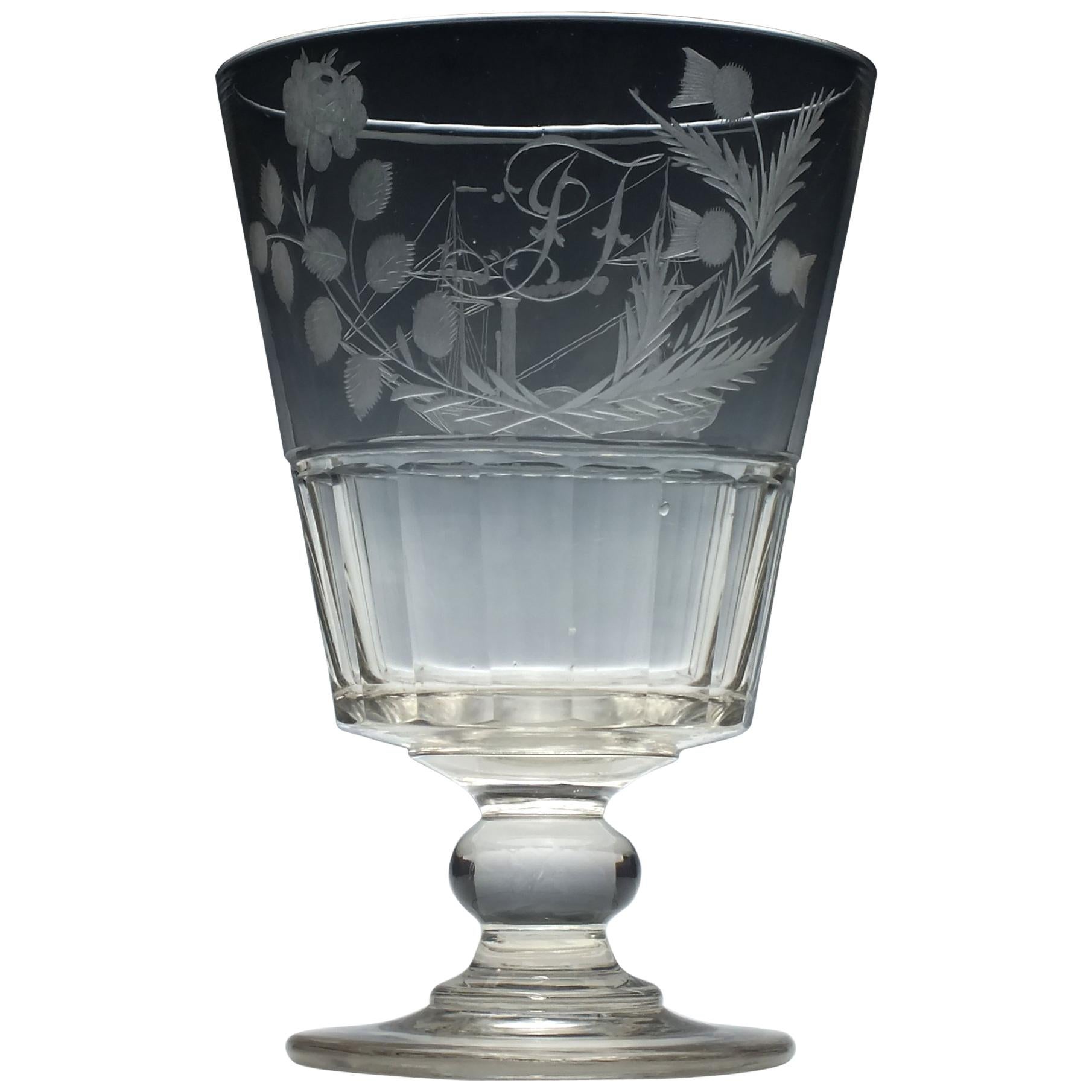 Large 19th Century Glass Serving Rummer Engraved with Paddle Steamer, circa 1830 For Sale