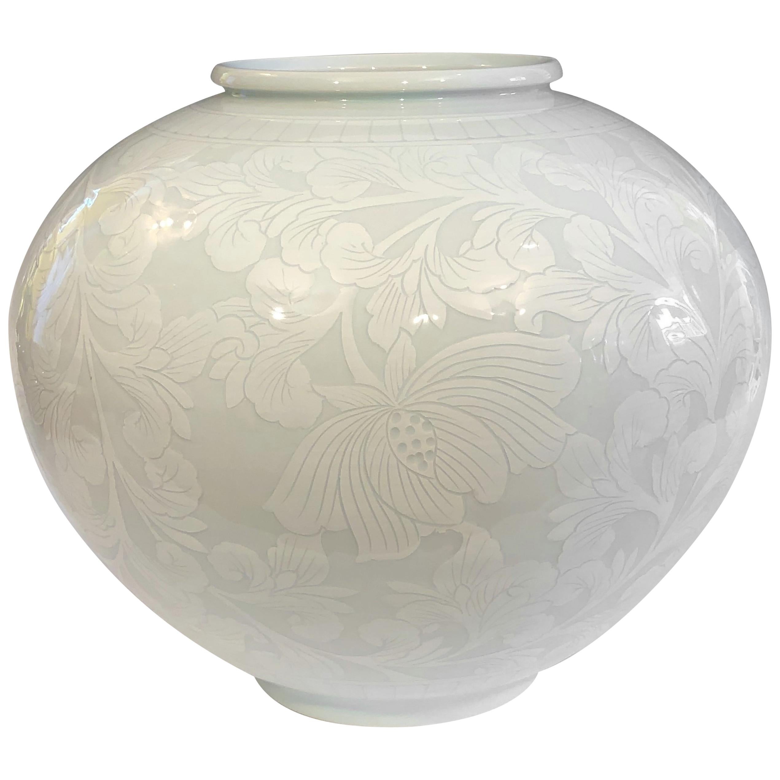 Korean Studio Porcelain Large Moon White Vase Carved Slip Peony Scroll Jar