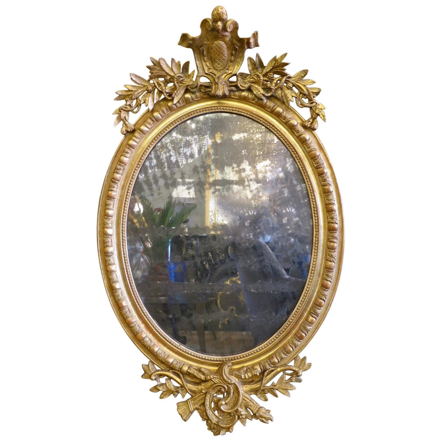 Antique Gold Gilt French Oval Crested Mirror