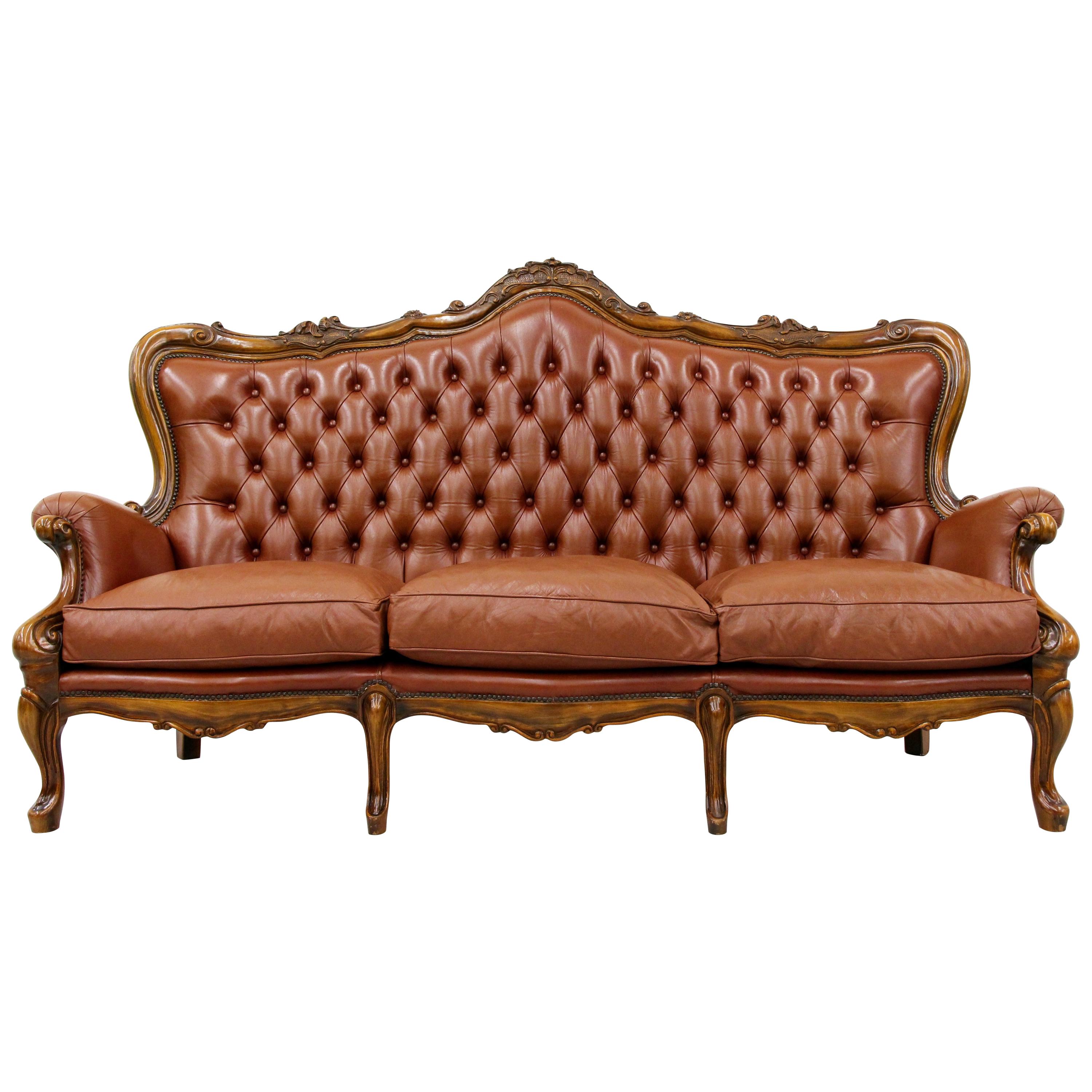 Chippendale Chesterfield Sofa Leather Antique Vintage Couch English For Sale