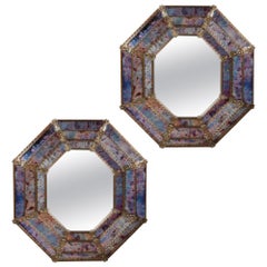Fine Pair of Octagonal Murano Glass Mirrors of Large Scale, Italian 20th Century