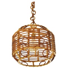 Vintage 1960s Spanish Mid-Century Modern Bamboo and Rattan Pendant Hanging Lamp