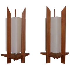 Retro Triangular Fiberglass and Wood Lamps, 1960s