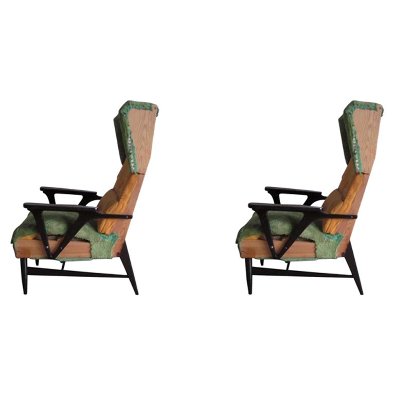 Pair of Large Italian Mid-Century Modern Wing Back Lounge Chairs, Carlo Mollino For Sale