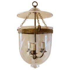 English Etched Star Wheat Glass Bell Jar Lantern Pendent Brass 3 Light Fixture