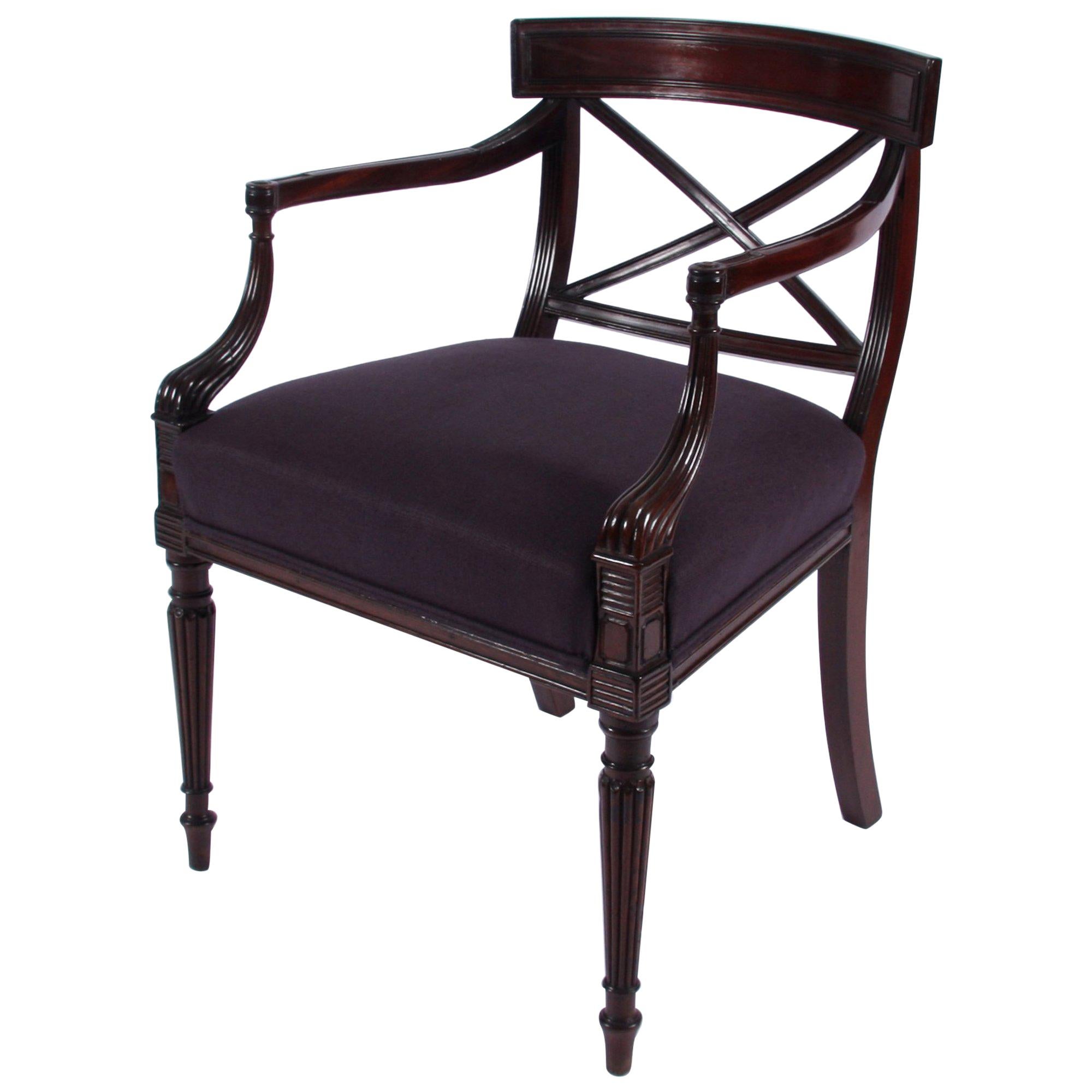 English Regency Single Reeded Mahogany Chair with Purple Fabric Seat