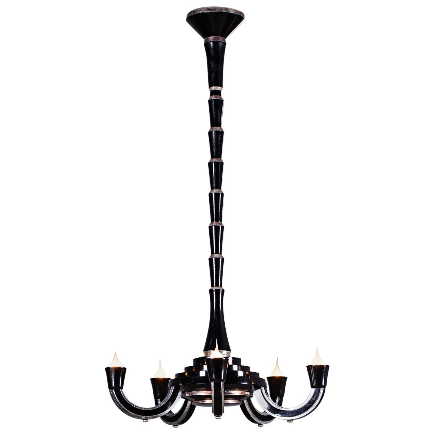 Tall French Art Deco Ebonized Silver Leaf Timber Five Light Chandelier circ 1930 For Sale