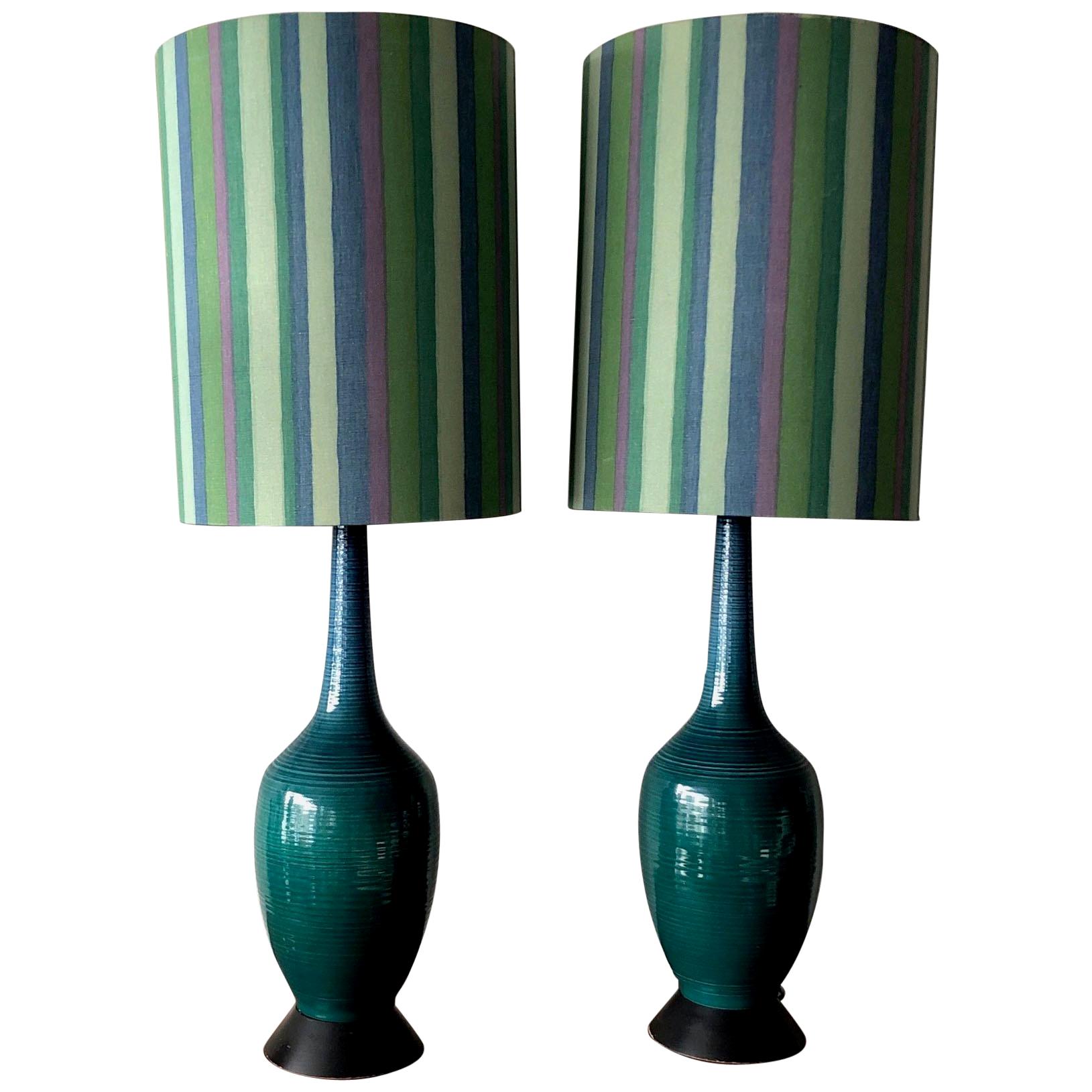 Pair of Charming Turquiose Lamps with Original Shades