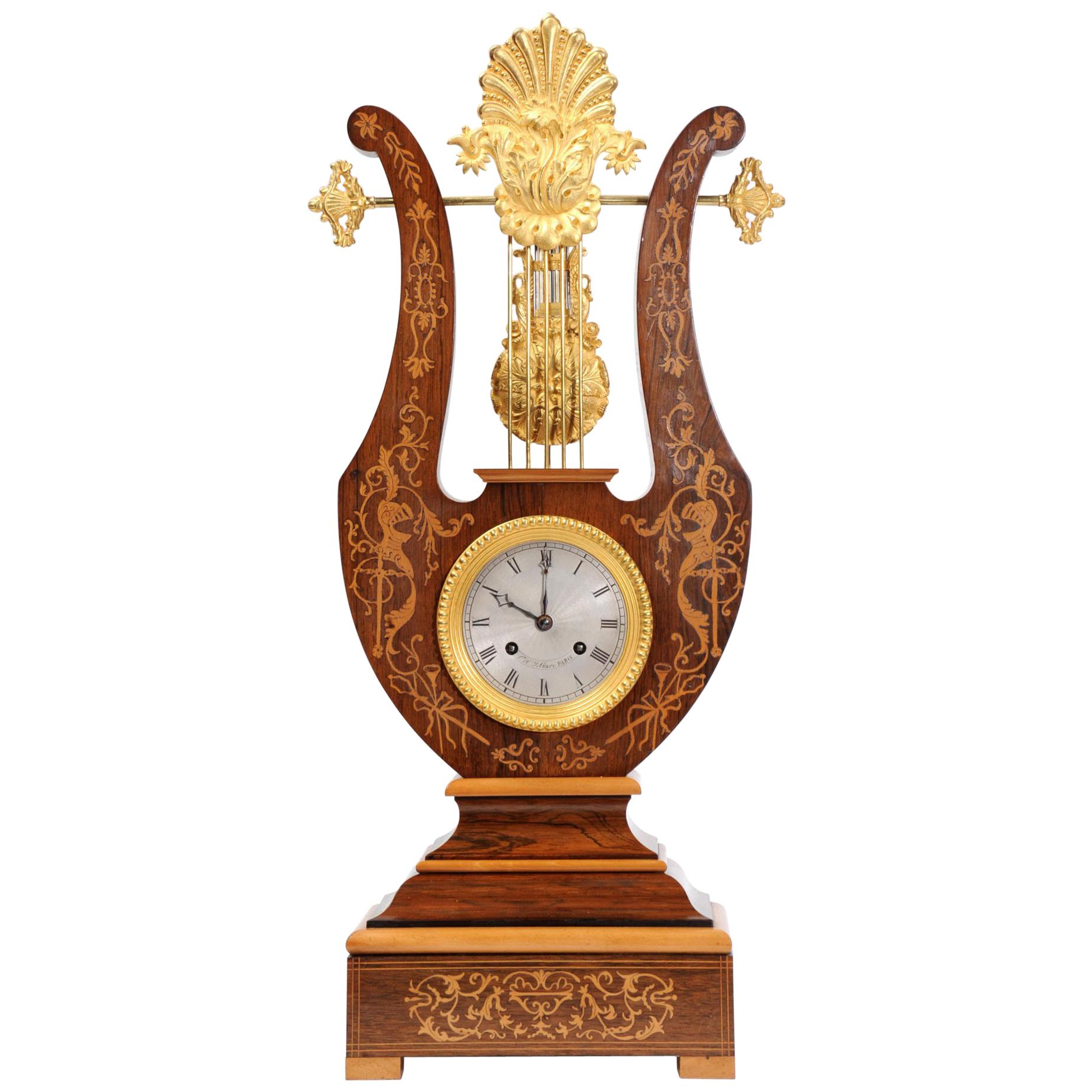 Rosewood Marquetry and Ormolu Lyre Clock with Mystery Pendulum, Henri Marc 1850