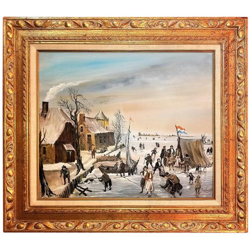 Dutch Ice Skating Oil on Canvas by Van Buiksloot For Sale