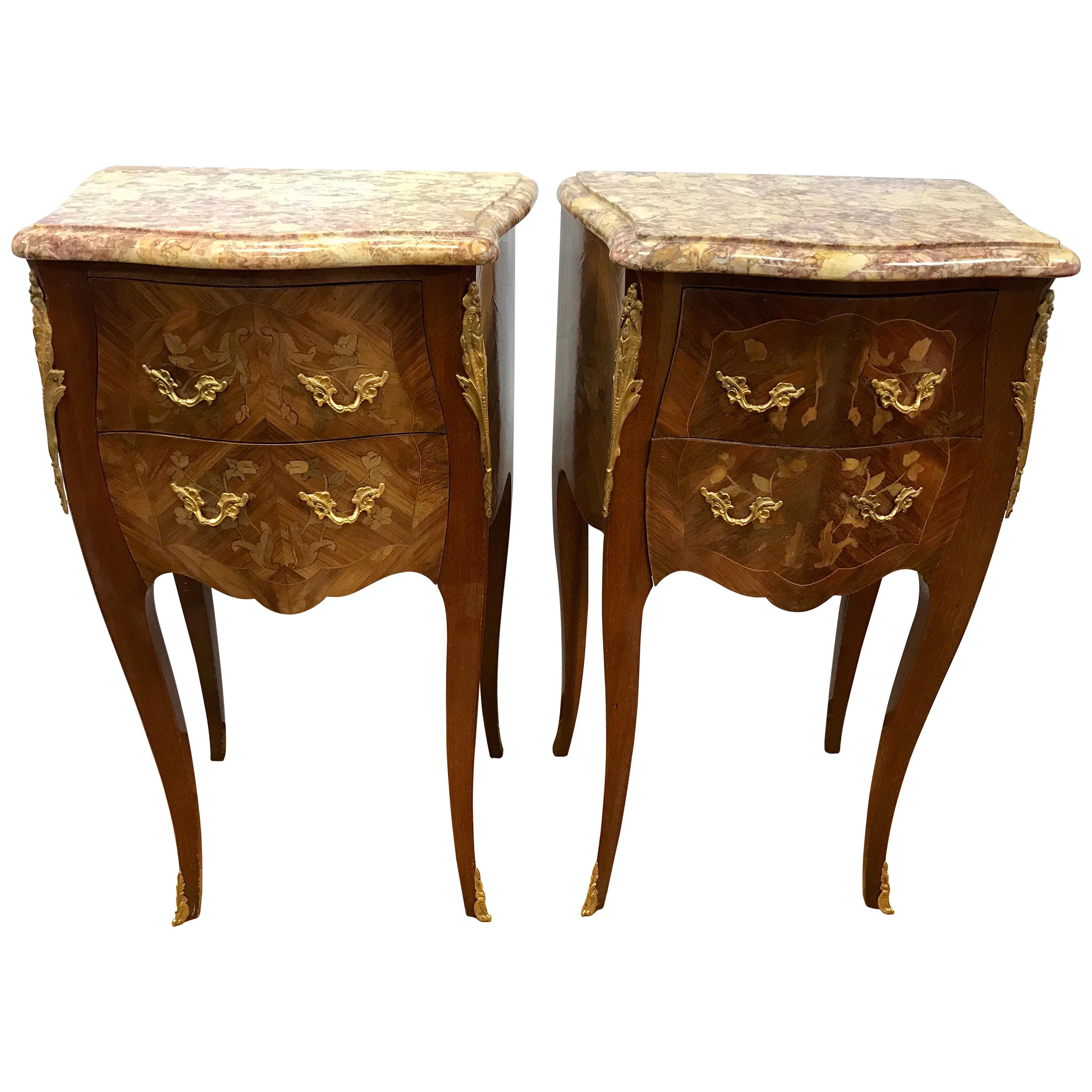 Pair of French Louis XVI Marble-Top Bronze-Mounted Bedside Tables or Nightstands