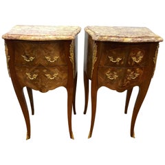 Antique Pair of French Louis XVI Marble-Top Bronze-Mounted Bedside Tables or Nightstands