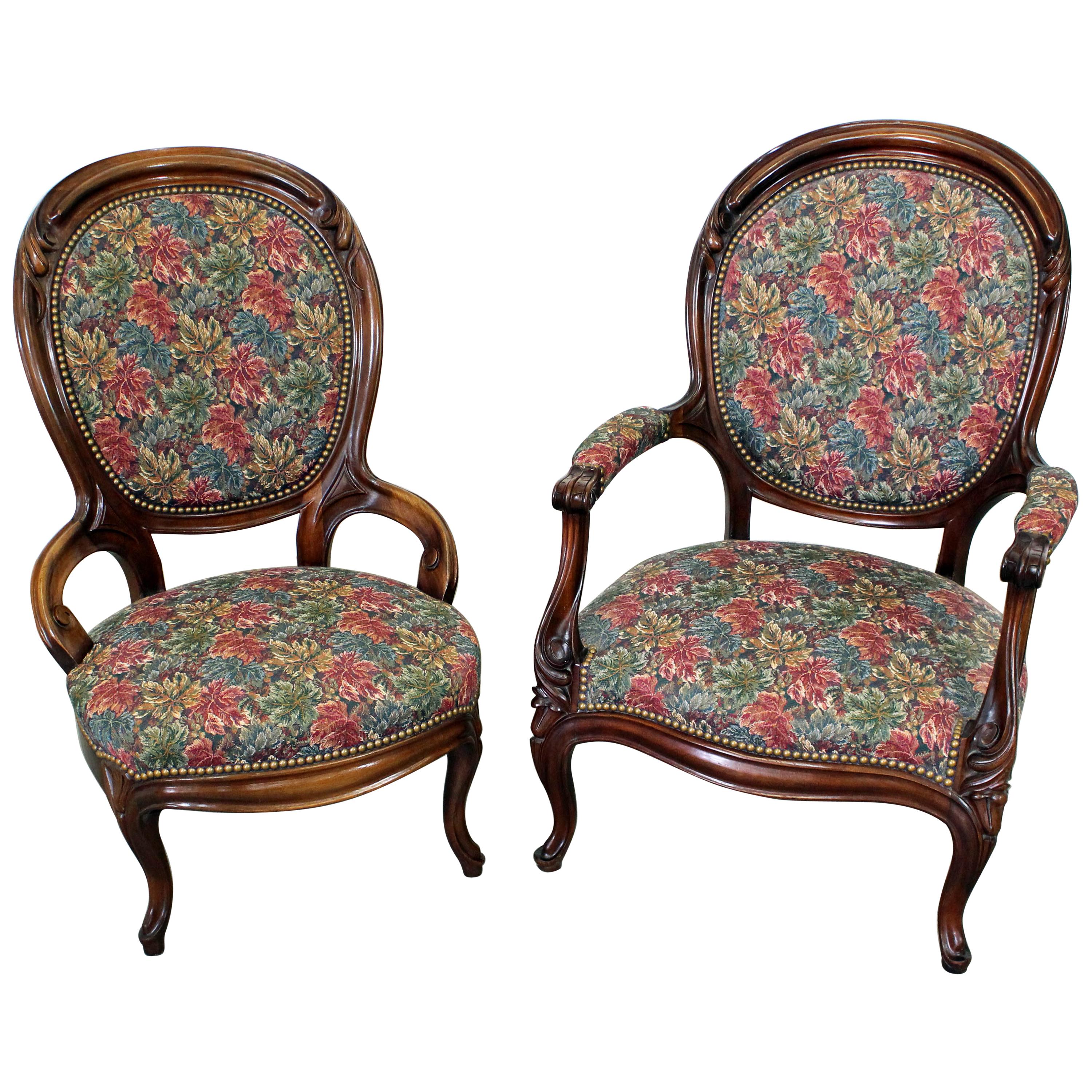 Pair of Vintage Victorian Parlor Set Ladies and Gentleman Chairs