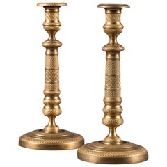 Pair Antique French Empire Bronze Doré Candlesticks, France, circa 1820