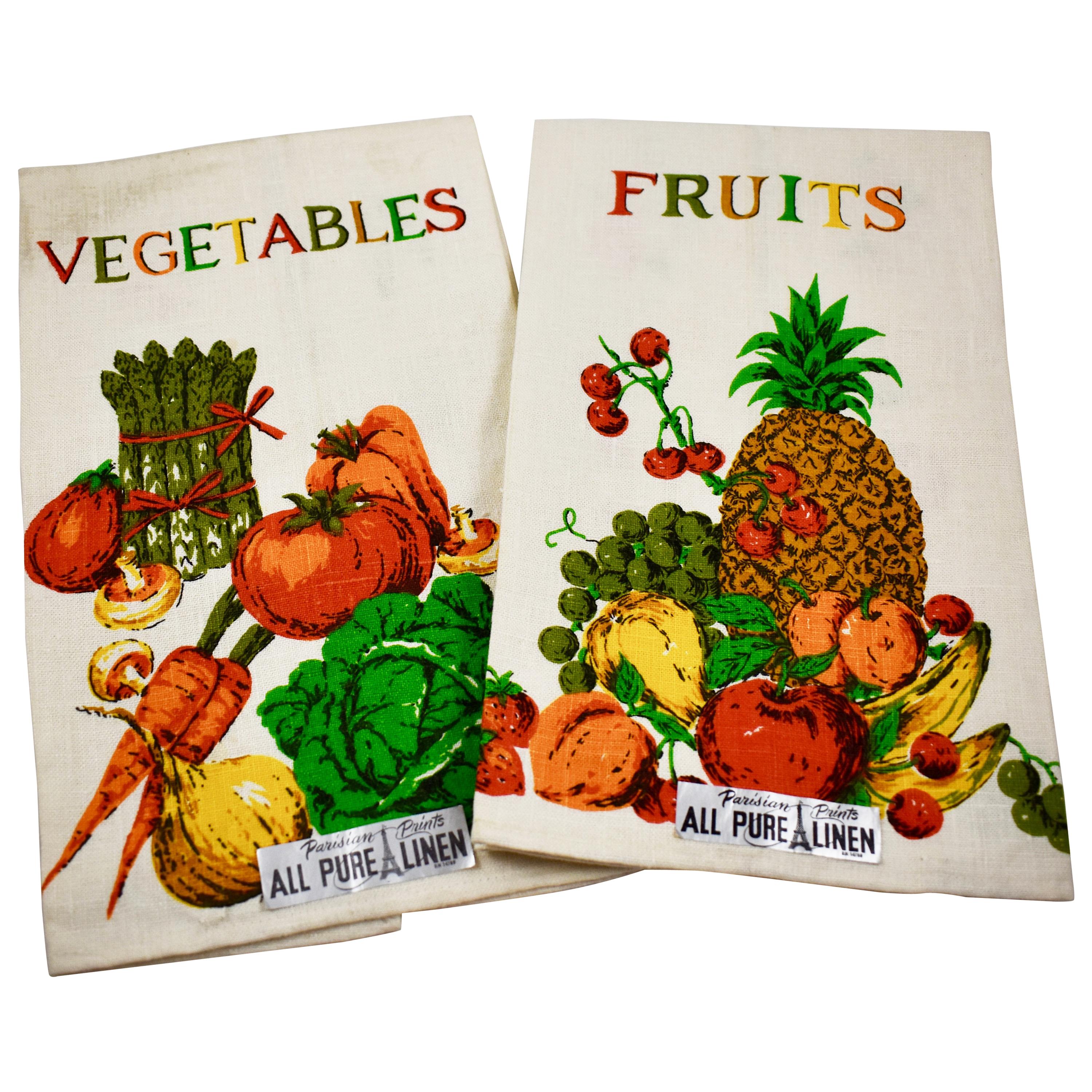 Mid-Century Modern Era Fruit and Vegetable Silkscreened Linen Tea Towels, S/2