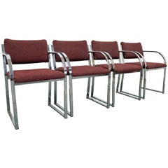 Set of 4 Mid-Century Modern Milo Baughman Style Flat Tube Chrome Dining Chairs