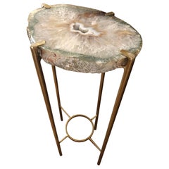 Modern Tan and Green Quartz End Table with Exposed Crystal Center