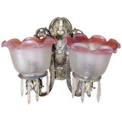 Neoclassical Brass Sconce with Acid Etched Rose Shades