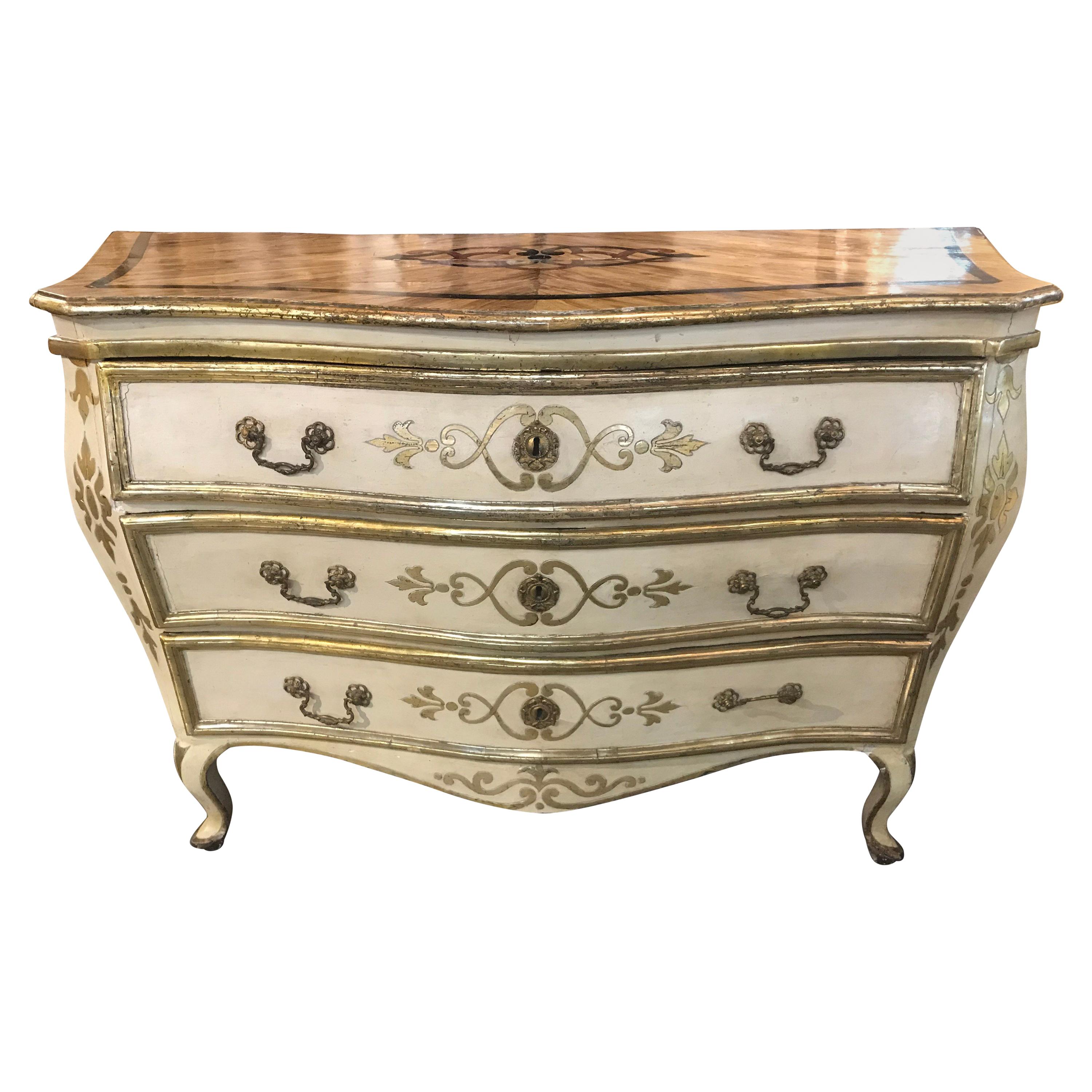 18th Century Italian Parcel Gilt Bombe’ Shaped Commode