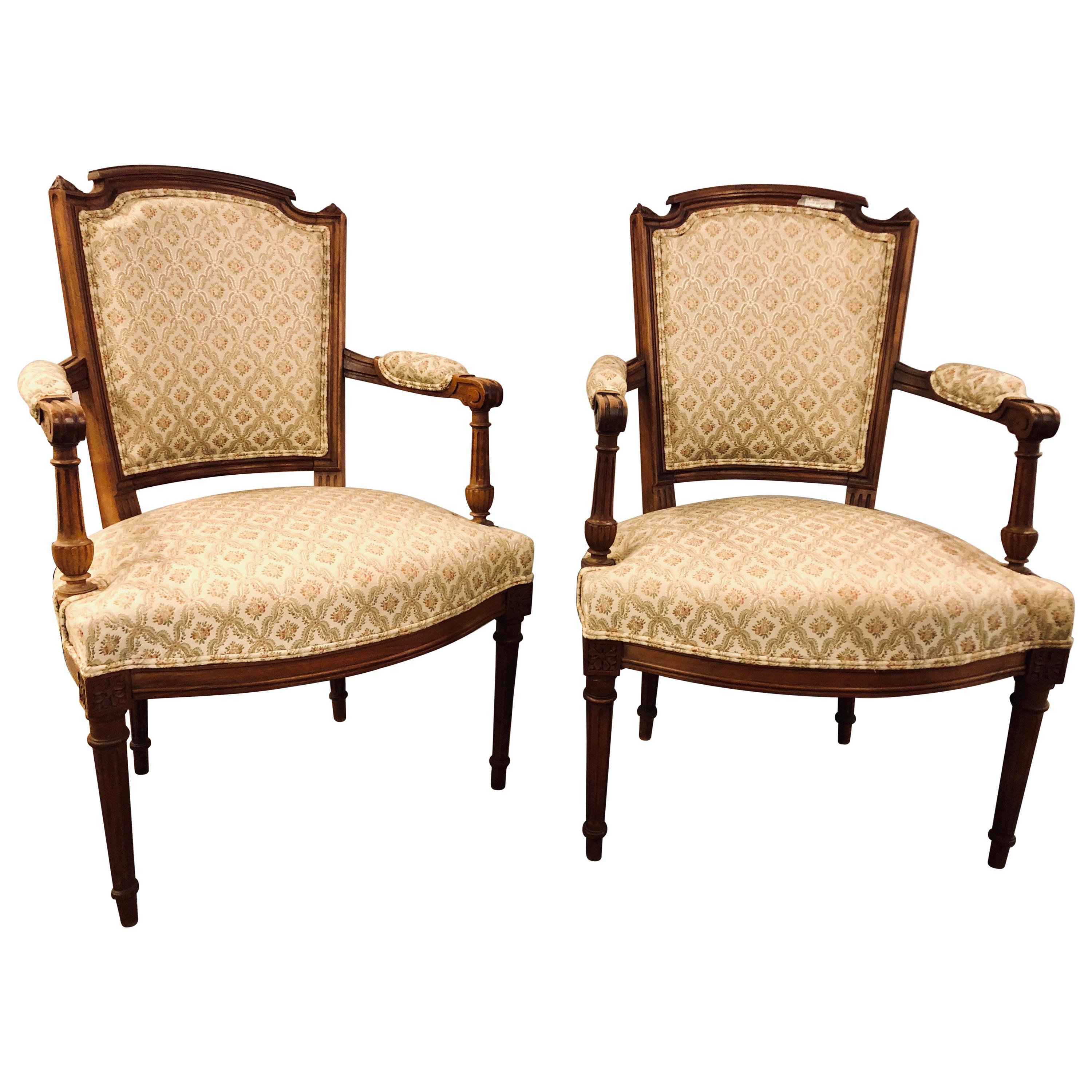 Pair of French Custom Louis XVI Style Carved Bergere, Office or Armchairs For Sale